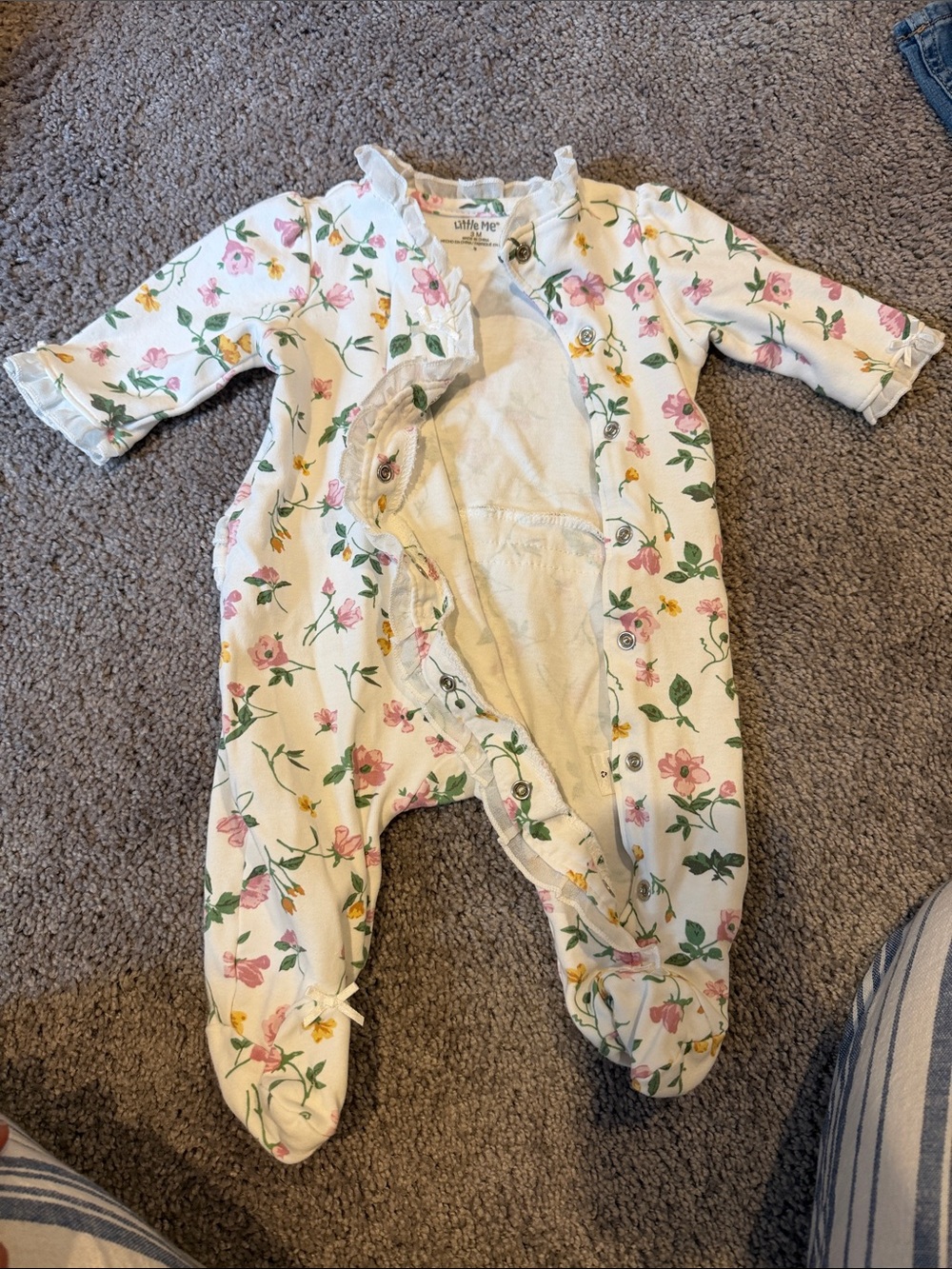 Little Me White Cotton Footie with Pink & Green Floral Print